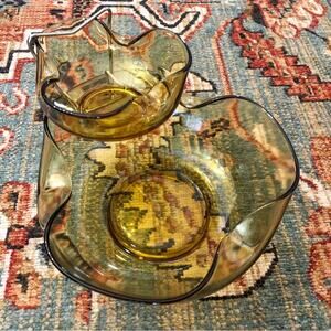 Vintage Anchor Hocking Glass Chip and Dip Set Pinch Bowls Amber MCM Glassware